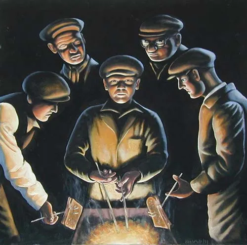 painting of GWR rail workers working iron